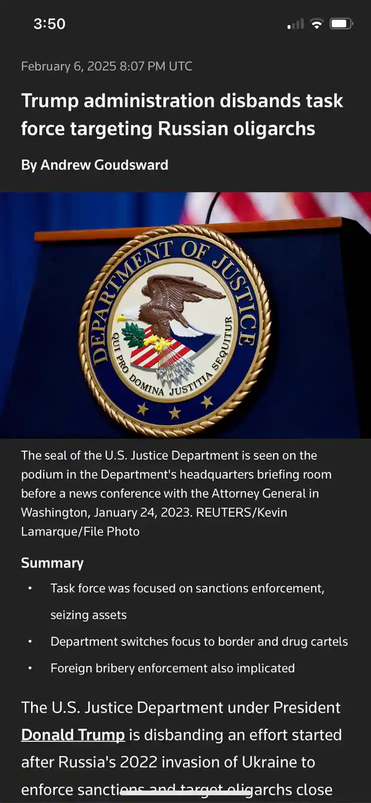 A screenshot of a news article headline stating 'Trump administration disbands task force targeting Russian oligarchs'…