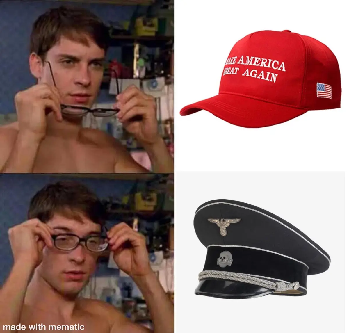 The image is a four-panel meme. Top left: a shirtless man removing his glasses with a confused expression. Bottom left: the…