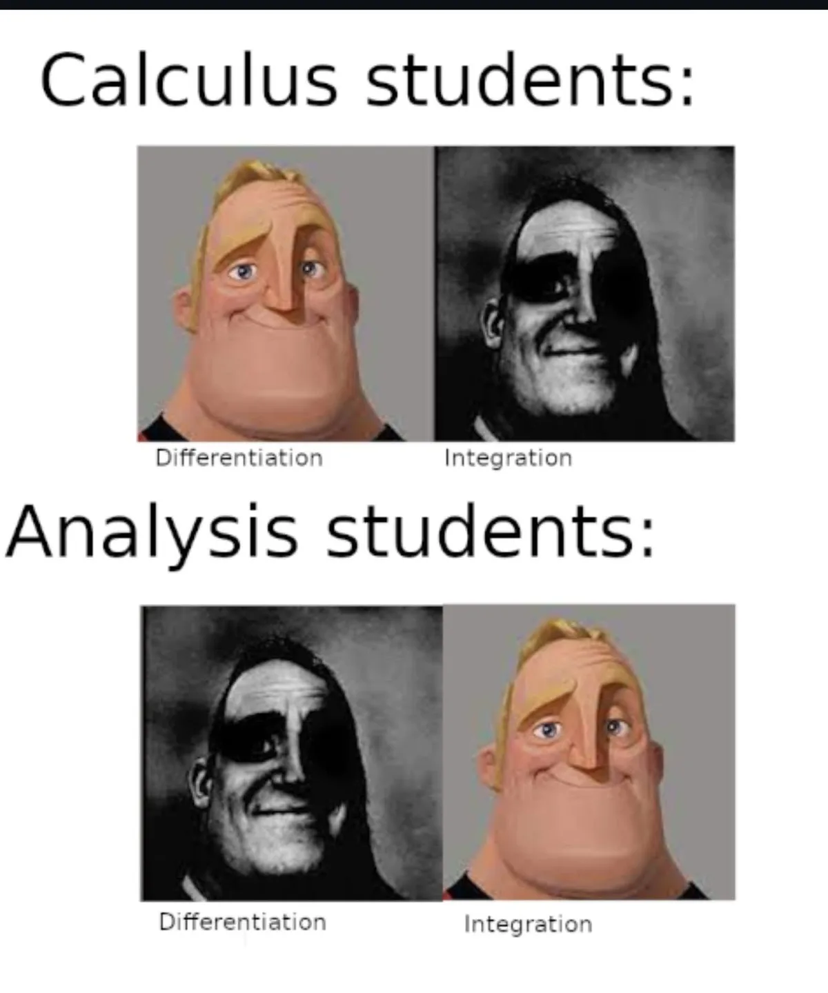 The image displays two rows labeled 'Calculus students:' and 'Analysis students:'. Each row shows two side-by-side images: a…