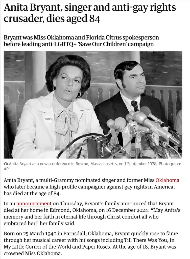 A black-and-white news article clipping shows a photo of Anita Bryant speaking at a press conference in 1978, with a man…