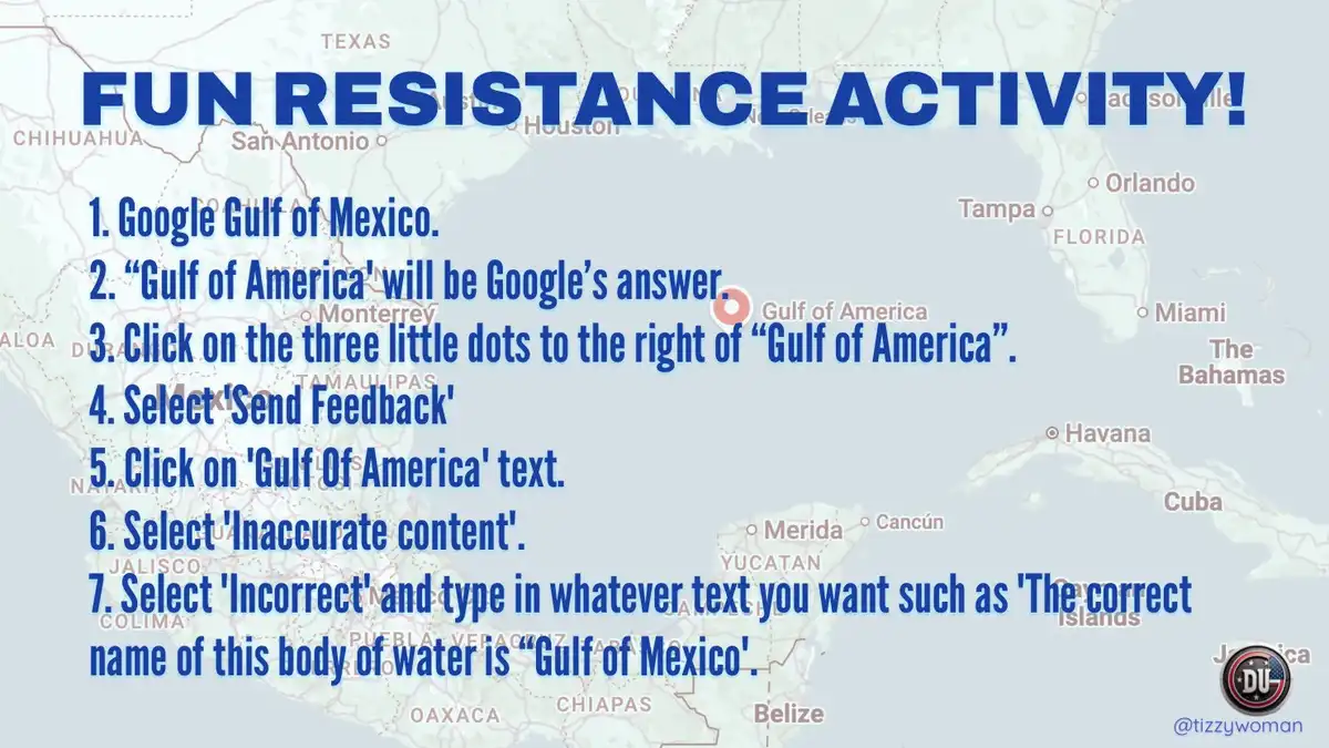 A map of the Gulf of Mexico region with overlaid text instructing users to perform a 'fun resistance activity' by reporting…