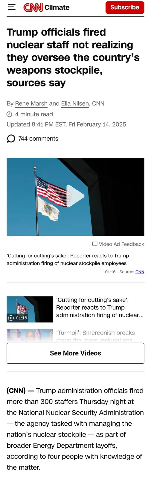A screenshot of a CNN Climate news article with a headline about Trump officials firing nuclear staff without realizing they…