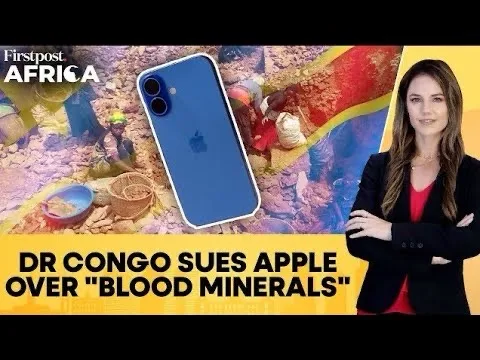 A blue iPhone is superimposed over a background image showing people mining in a colorful, rocky landscape. On the right, a…