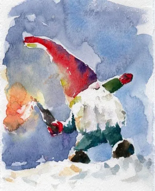 A watercolor painting depicts a gnome with a red hat and green outfit, bent over and seemingly melting or dissolving into…