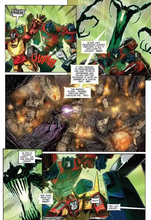 A comic panel shows a Transformer character yelling 'HAAAGH!' as a green energy entity emerges. Another panel shows a…