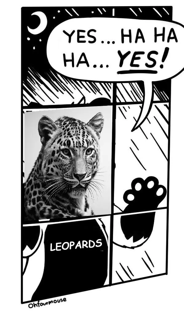 A black-and-white comic strip panel shows a leopard's face in the top-left, with a speech bubble above it saying 'YES... HA…
