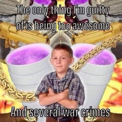 A young boy with arms crossed stands in front of two large white pots filled with purple smoke, flanked by golden chains and…