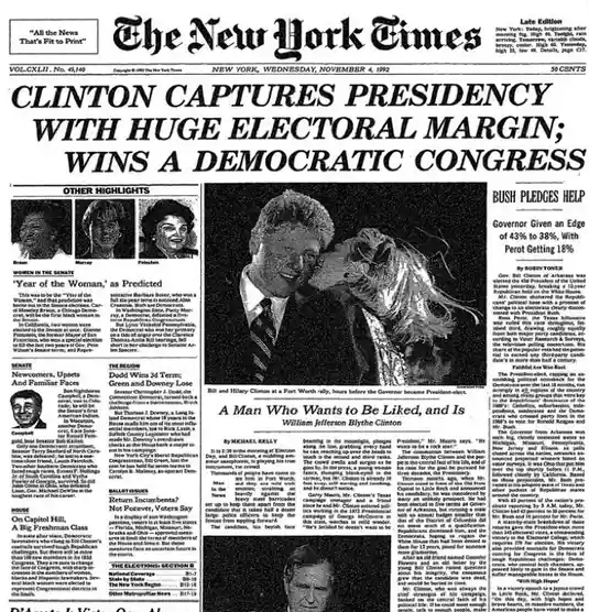 The image is a black-and-white newspaper front page from The New York Times dated Wednesday, November 4, 1992. The headline…
