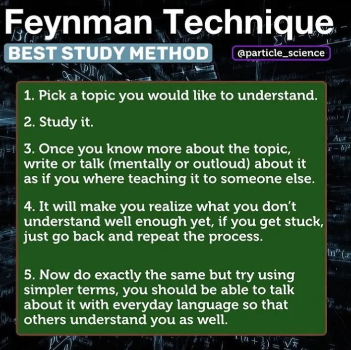 The image displays a green text box with five numbered steps outlining the 'Feynman Technique' for studying, set against a…