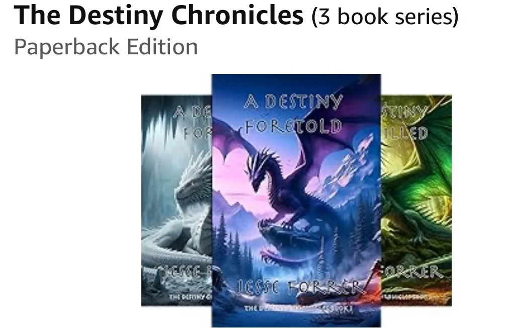 Three book covers from 'The Destiny Chronicles' series are shown side-by-side, featuring dragons in fantasy settings. The…