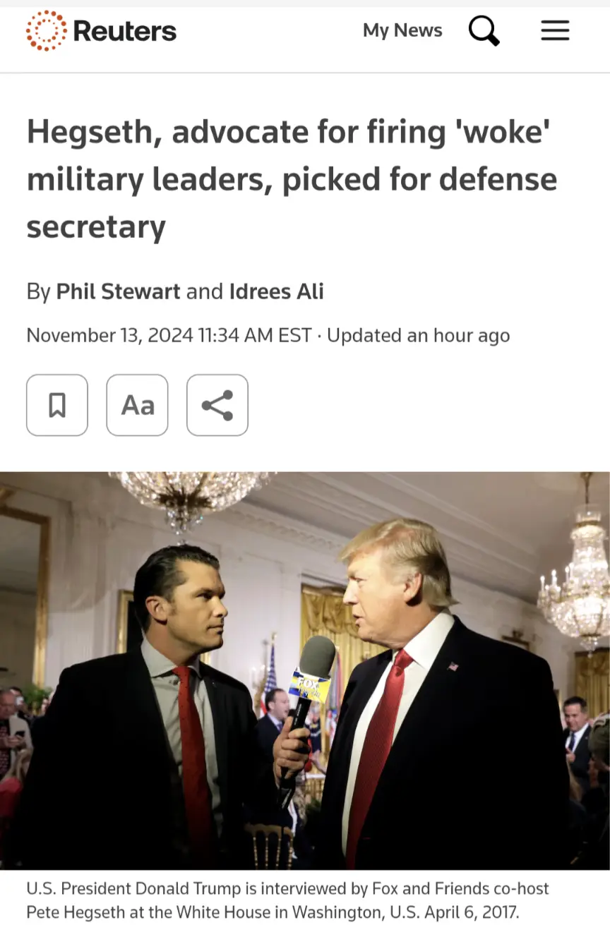 A screenshot of a Reuters news article from November 13, 2024, featuring a photo of Donald Trump being interviewed by Pete…
