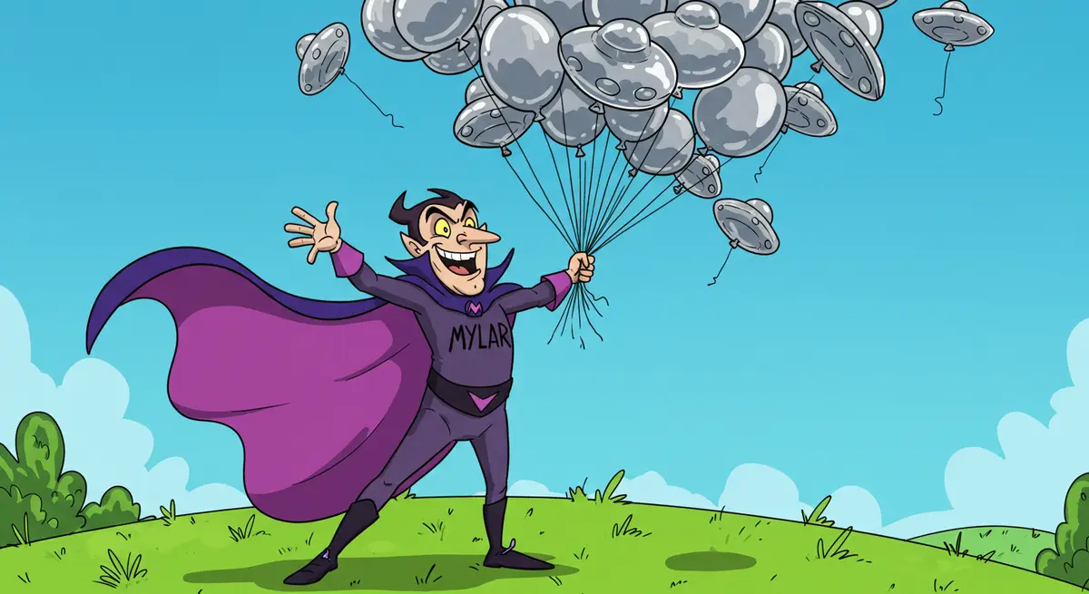 A cartoon villain with a purple cape and suit, smiling broadly while holding a large bunch of silver UFO-shaped balloons…