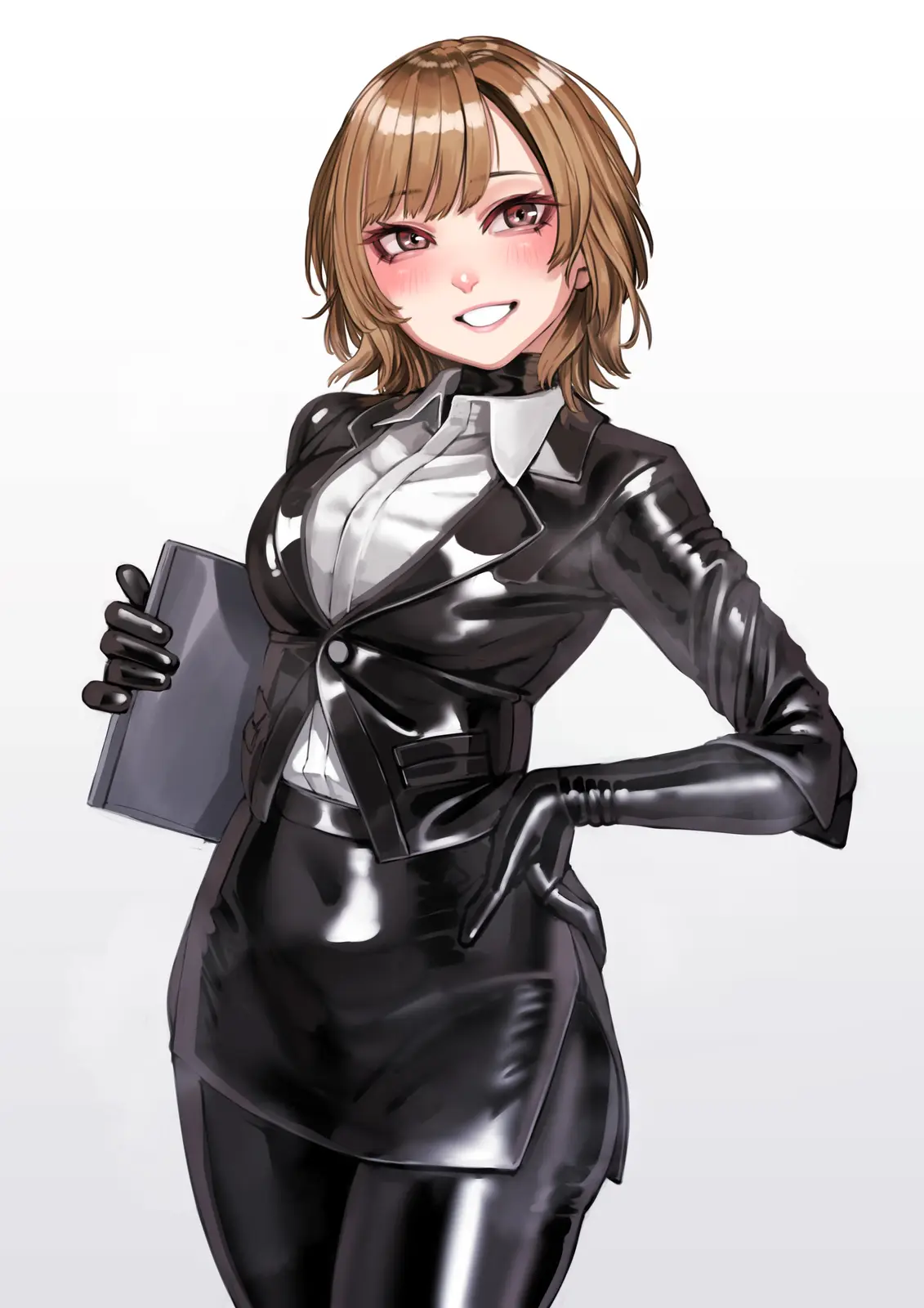 An anime-style illustration of a young woman with short brown hair and red eyes, wearing a shiny black latex business suit…