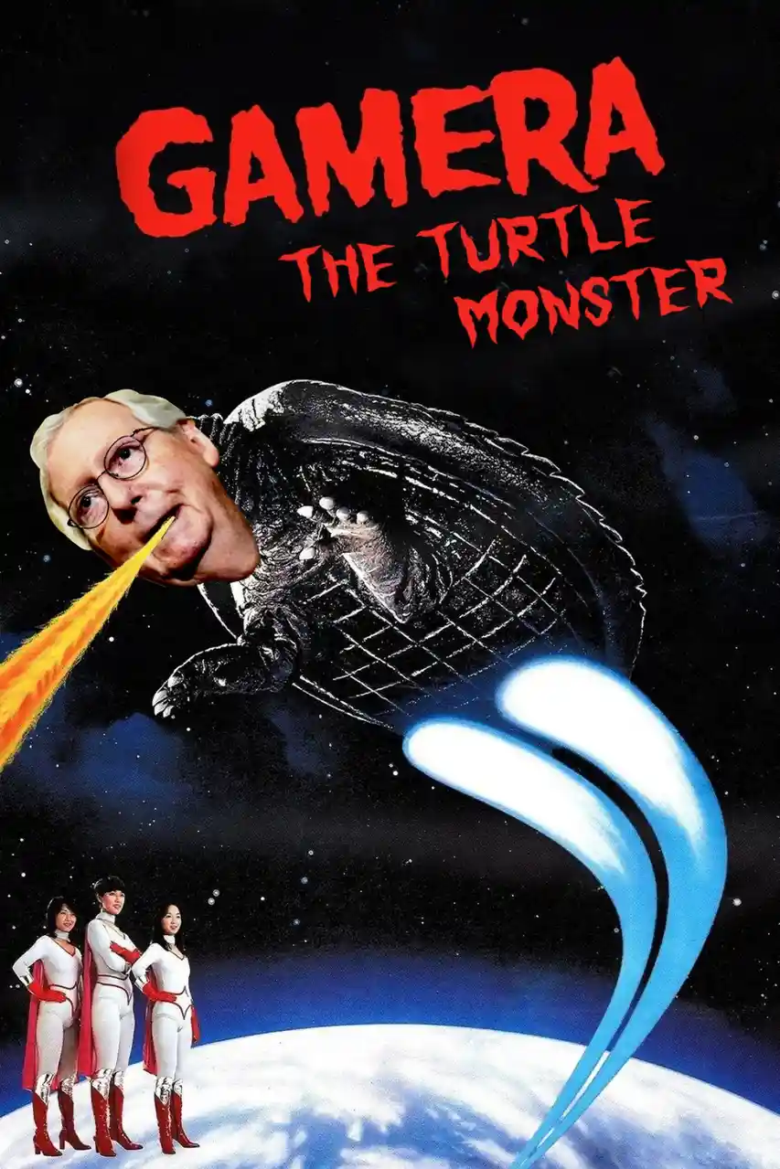 A movie poster for 'Gamera the Turtle Monster' features a giant turtle monster flying through space with a fiery beam…