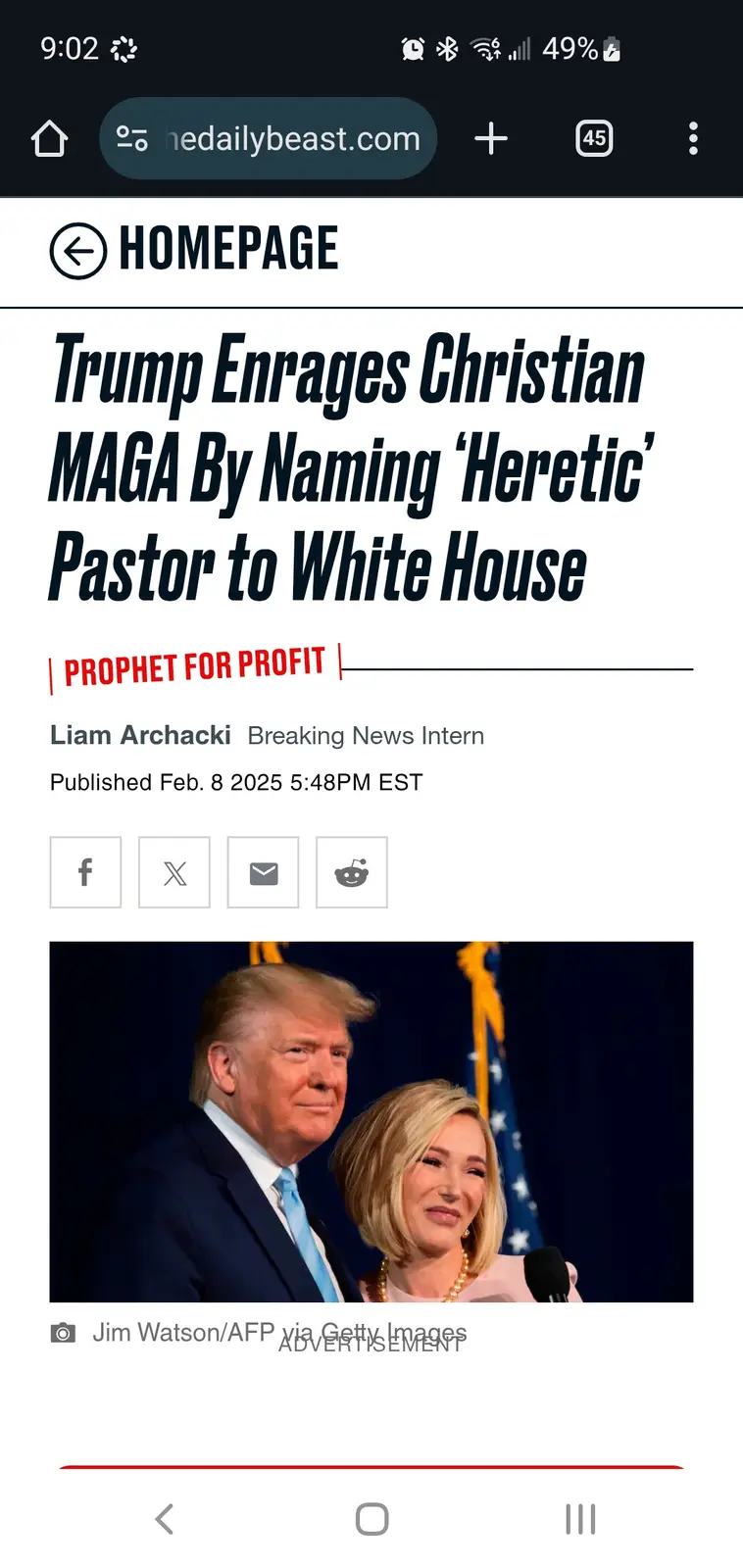 A screenshot of a fake news article from 'The Daily Beast' with a headline claiming Trump enraged MAGA supporters by…
