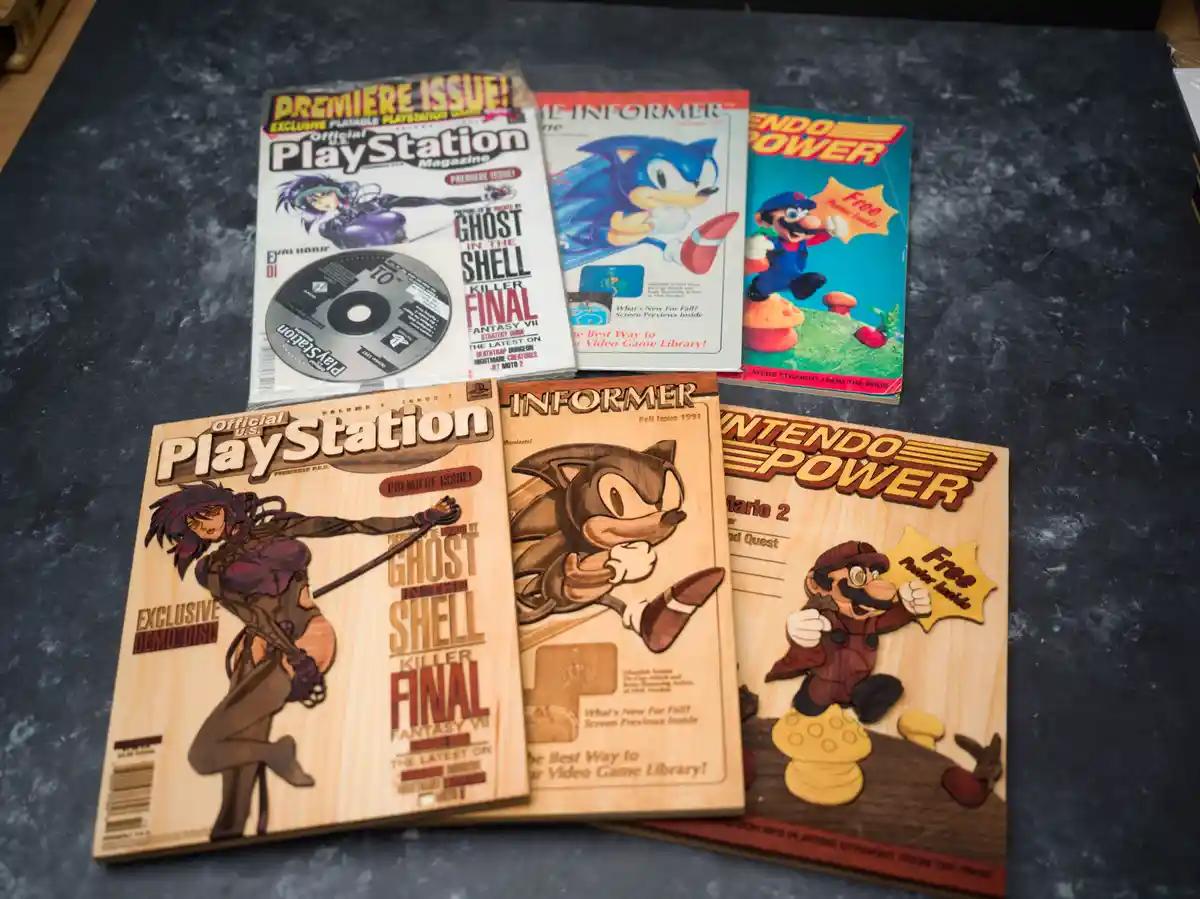 The image displays three vintage video game magazines — Official U.S. PlayStation Magazine, Game Informer, and Nintendo…