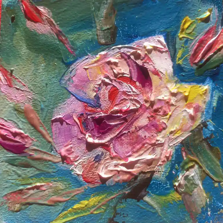A thickly textured oil painting depicts a stylized rose with vibrant pink, red, and yellow petals against a blue and green…