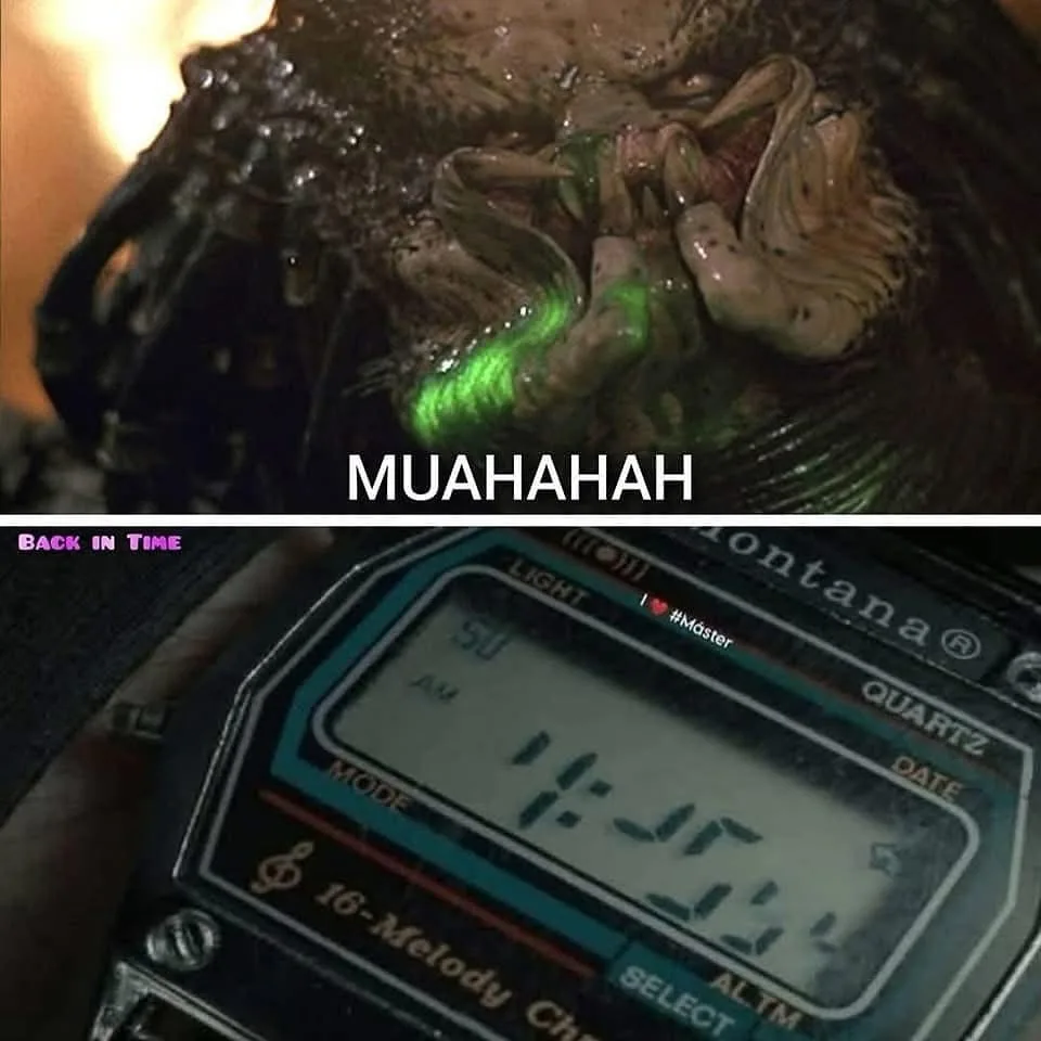 The top panel shows a grotesque, slimy alien creature with glowing green eyes, laughing with the text 'MUAAHAHAH' overlaid…
