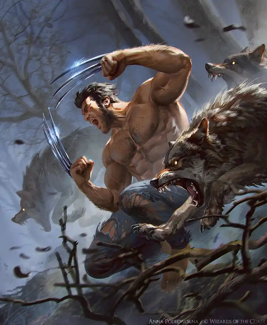 A muscular, shirtless man with claws extended, identified as Wolverine, is surrounded by multiple snarling wolves in a…
