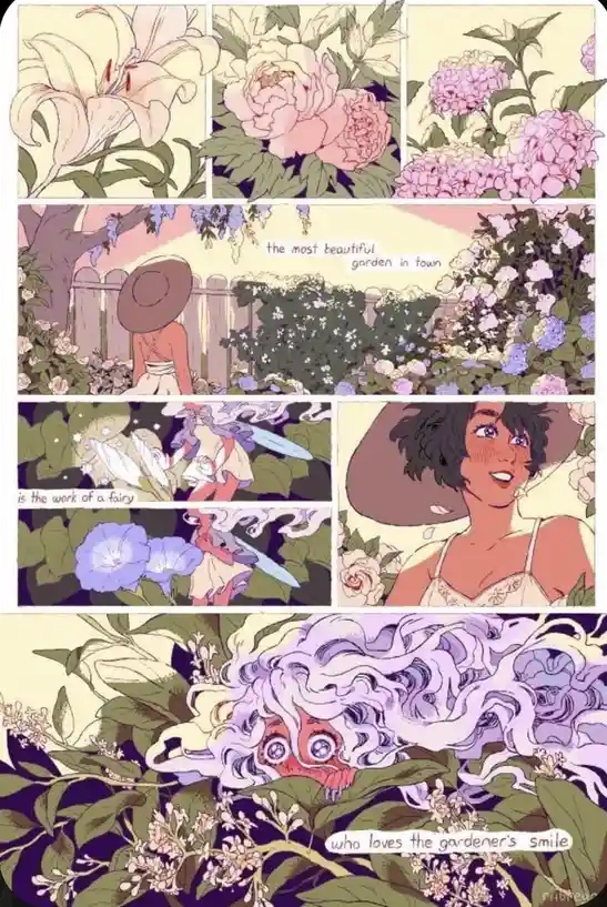A comic strip shows a gardener admiring a lush garden, then reveals a fairy with wild hair and a monstrous face hiding among…