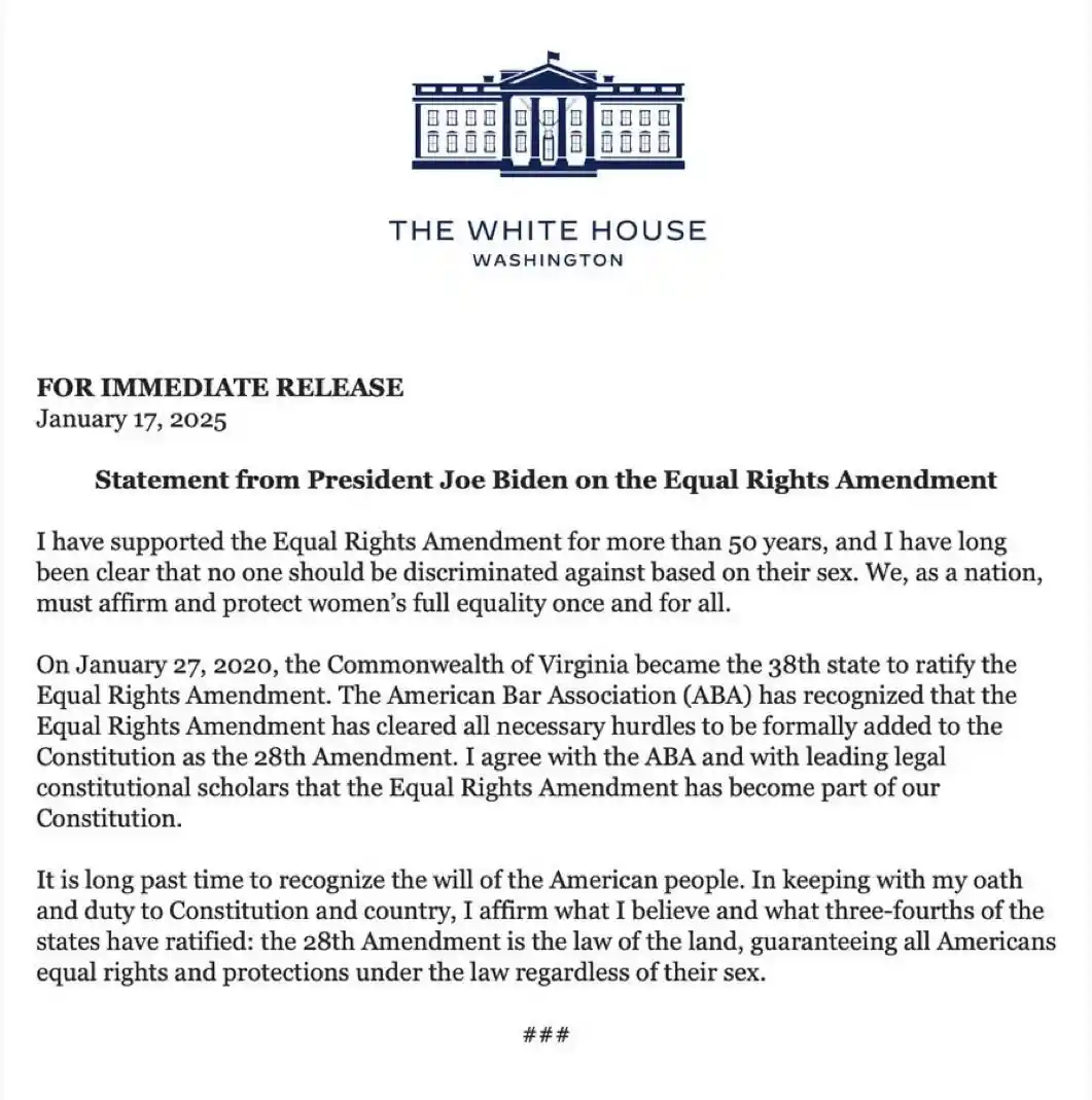 Biden Advocates for Ratification of the Equal Rights Amendment