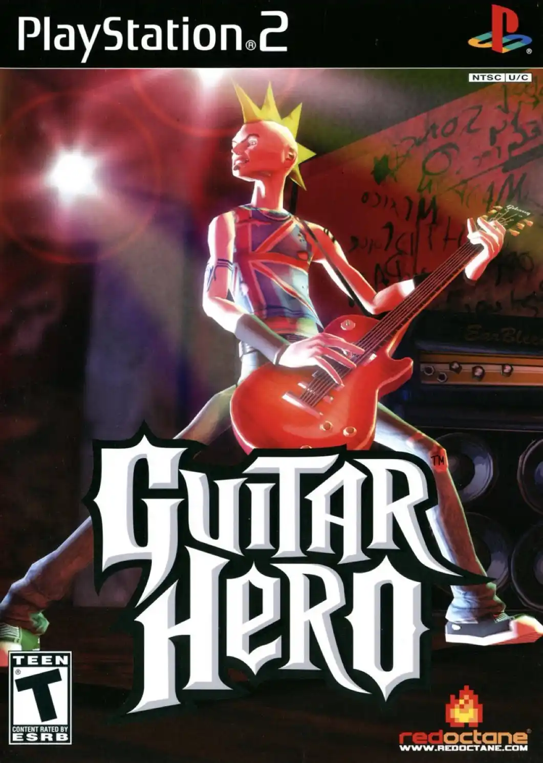 The image is the cover art for the PlayStation 2 game 'Guitar Hero', featuring a stylized, bald character with a yellow…