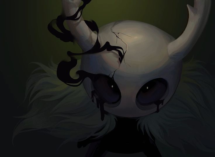 A dark, stylized illustration of the character Hollow Knight, featuring a cracked white skull-like head with large, teary…