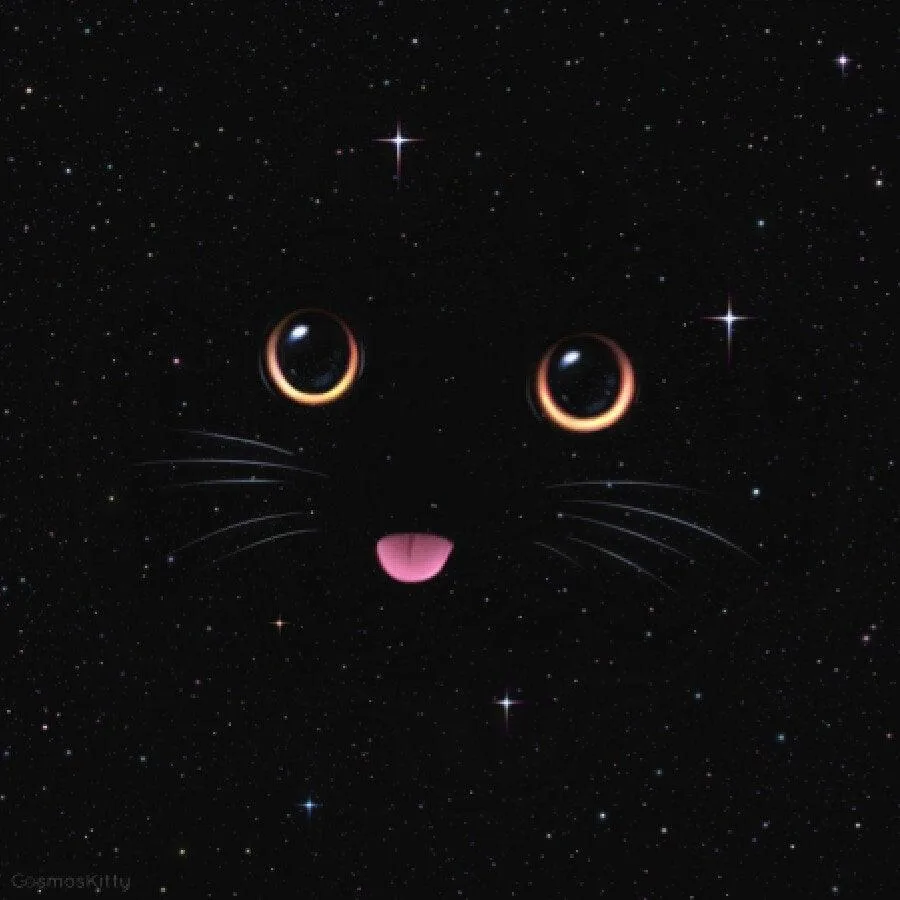 A black cat's face is superimposed on a starry night sky, with its eyes reflecting galaxies and its pink tongue sticking…