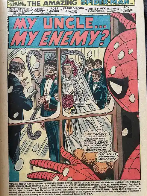 A vintage comic book panel from 'The Amazing Spider-Man' shows Spider-Man reacting with shock to a wedding scene where his…