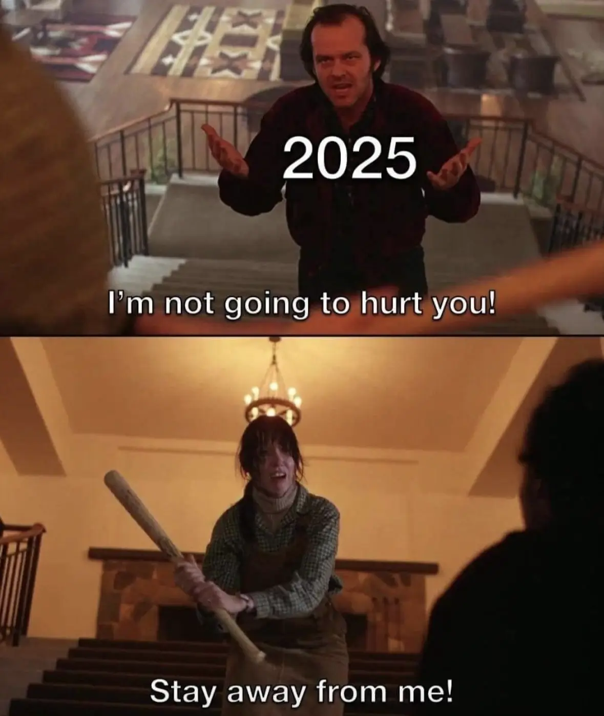 The top panel shows Jack Nicholson in The Shining, gesturing with his hands while the text '2025' is overlaid. The bottom…
