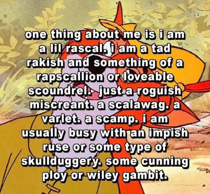 An animated character with red hair and a yellow hat is overlaid with a block of white text describing themselves as a 'lil…