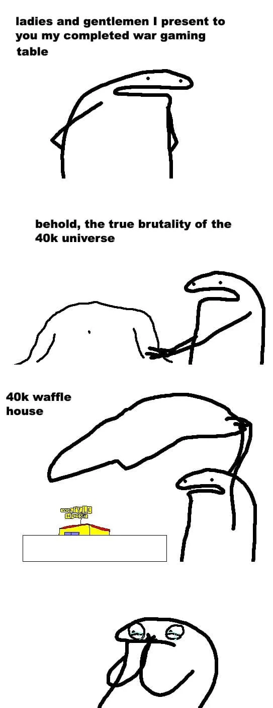 A four-panel comic strip featuring a stick-figure-like creature presenting a 'completed war gaming table' as a '40k waffle…