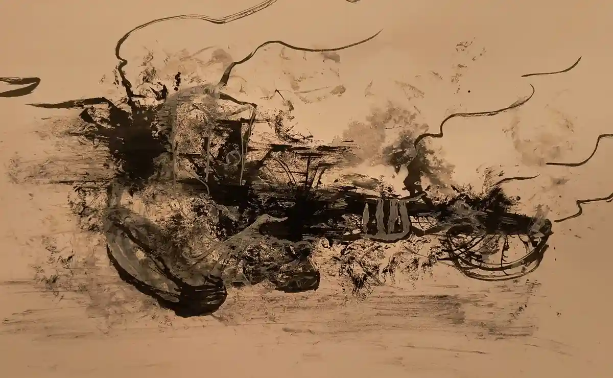 An abstract, sepia-toned painting depicts a chaotic, smudged, and heavily textured scene resembling a distorted, broken-down…