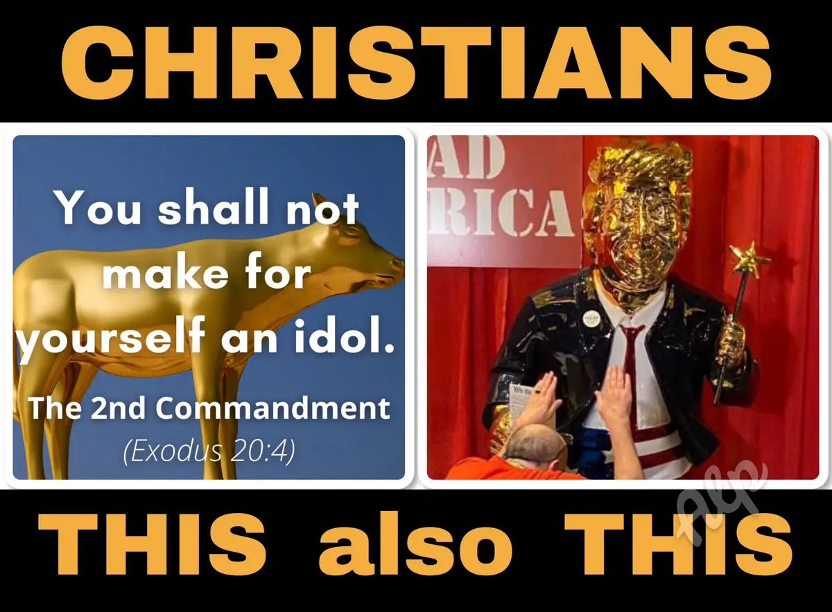 The image is split into two panels. The left panel shows a golden cow statue with the text 'You shall not make for yourself…