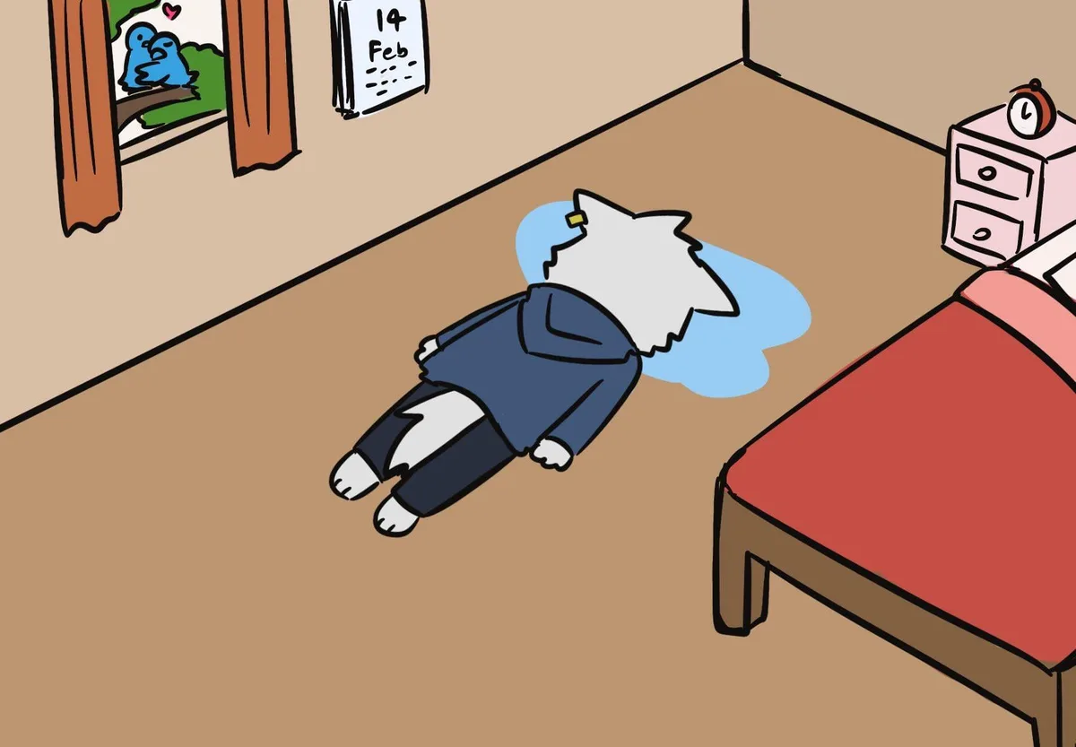 A cartoon character with white hair and a blue outfit lies face-down on a brown floor, with a large blue puddle beneath…