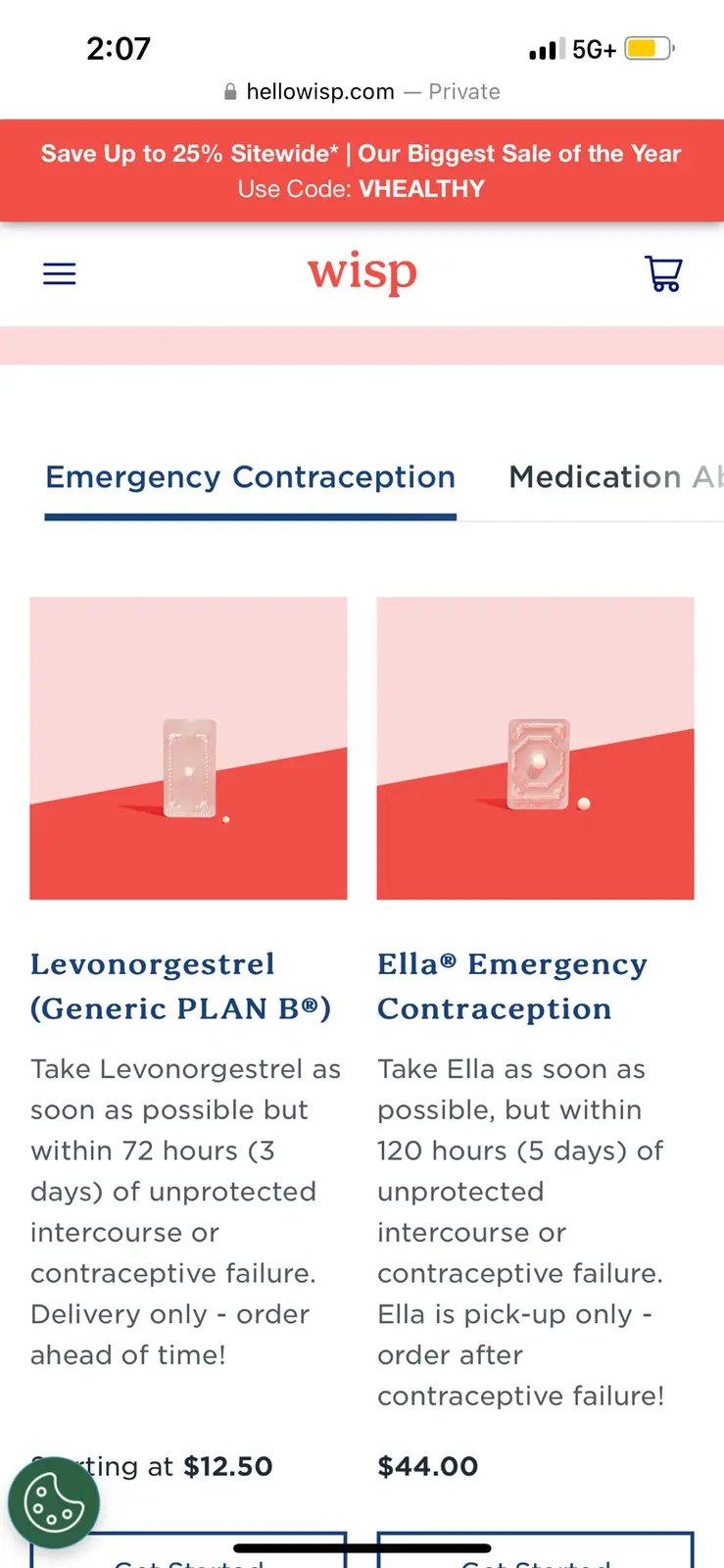 A screenshot of a pharmacy website showing two emergency contraception options: Levonorgestrel (Generic PLAN B®) and Ella®…