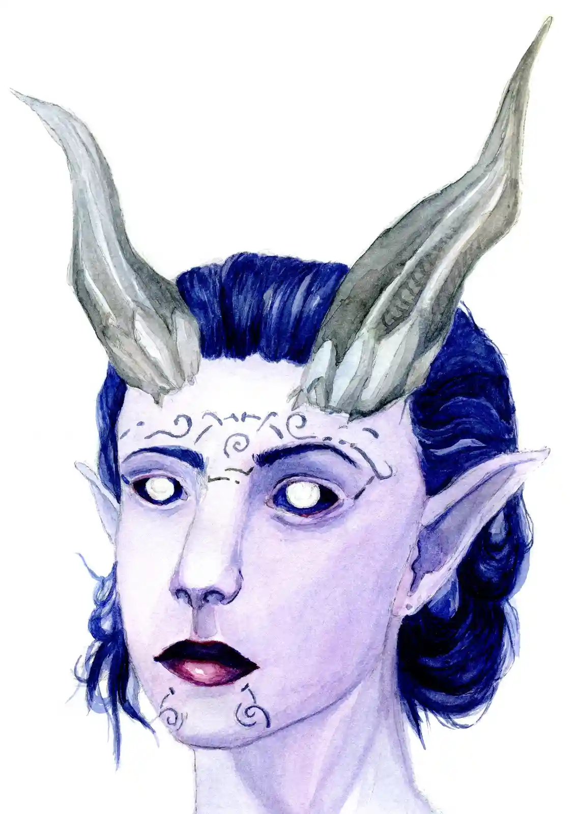 A watercolor portrait of a person with pale skin, dark blue hair, pointed ears, and large, curved horns. They have swirling…