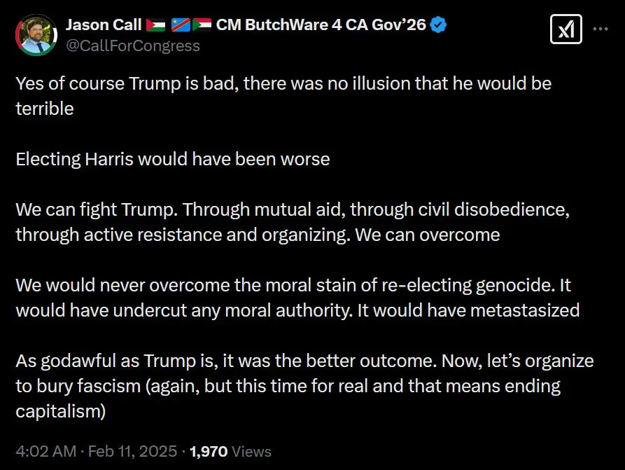 A screenshot of a tweet by Jason Call, displaying white text on a black background. The tweet argues that while Trump is…