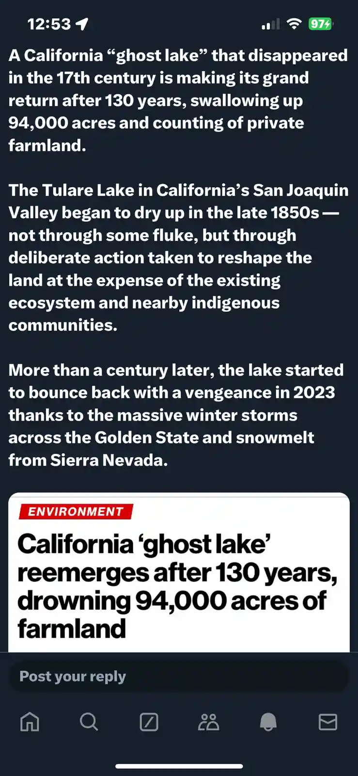 A screenshot of a social media post displaying a news article about Tulare Lake in California reappearing after 130 years…