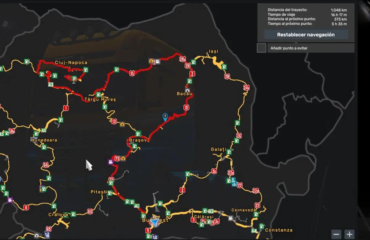 A screenshot from a truck driving simulation game shows a navigation map of Romania with a long, winding red route marked…