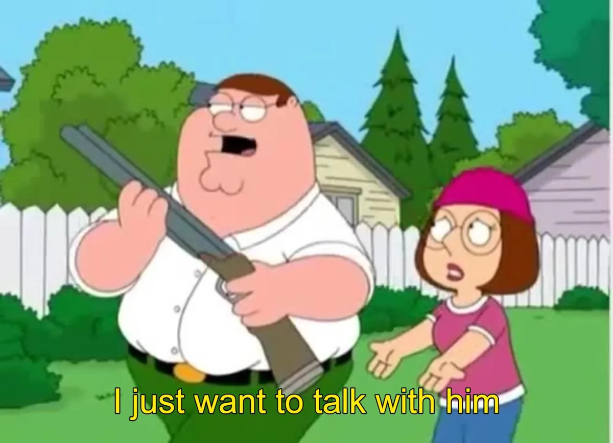 A cartoon image shows Peter Griffin from Family Guy holding a shotgun with a wide, excited grin while Lois Griffin stands…
