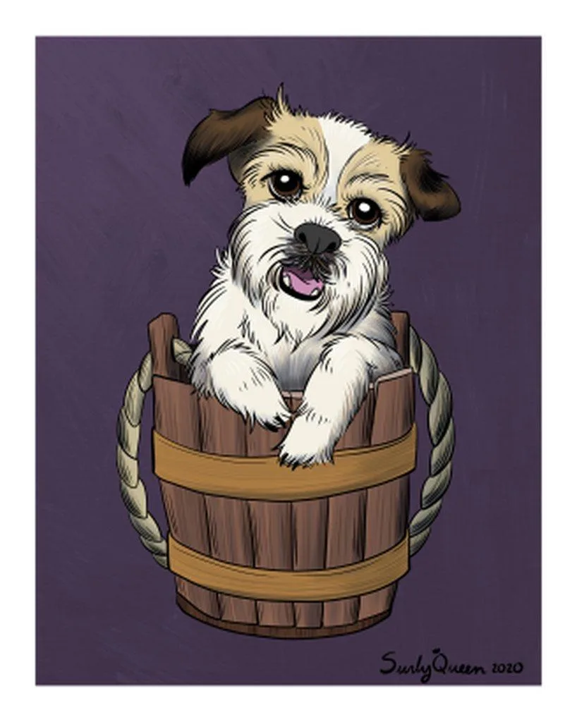 A cartoon illustration of a small, scruffy dog with brown ears and a white face sitting inside a wooden bucket with rope…
