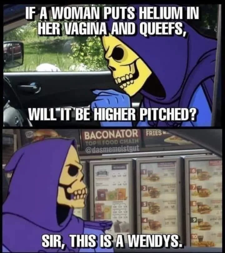 The meme features two panels of the animated character Skeletor. In the top panel, Skeletor is shown inside a car, asking a…