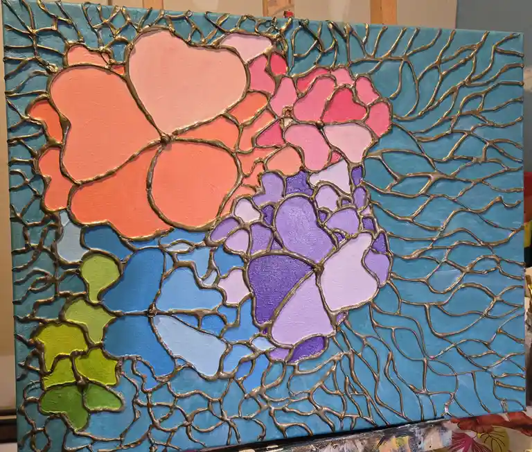A textured painting on canvas features abstract, organic shapes in pink, purple, and green, separated by raised…