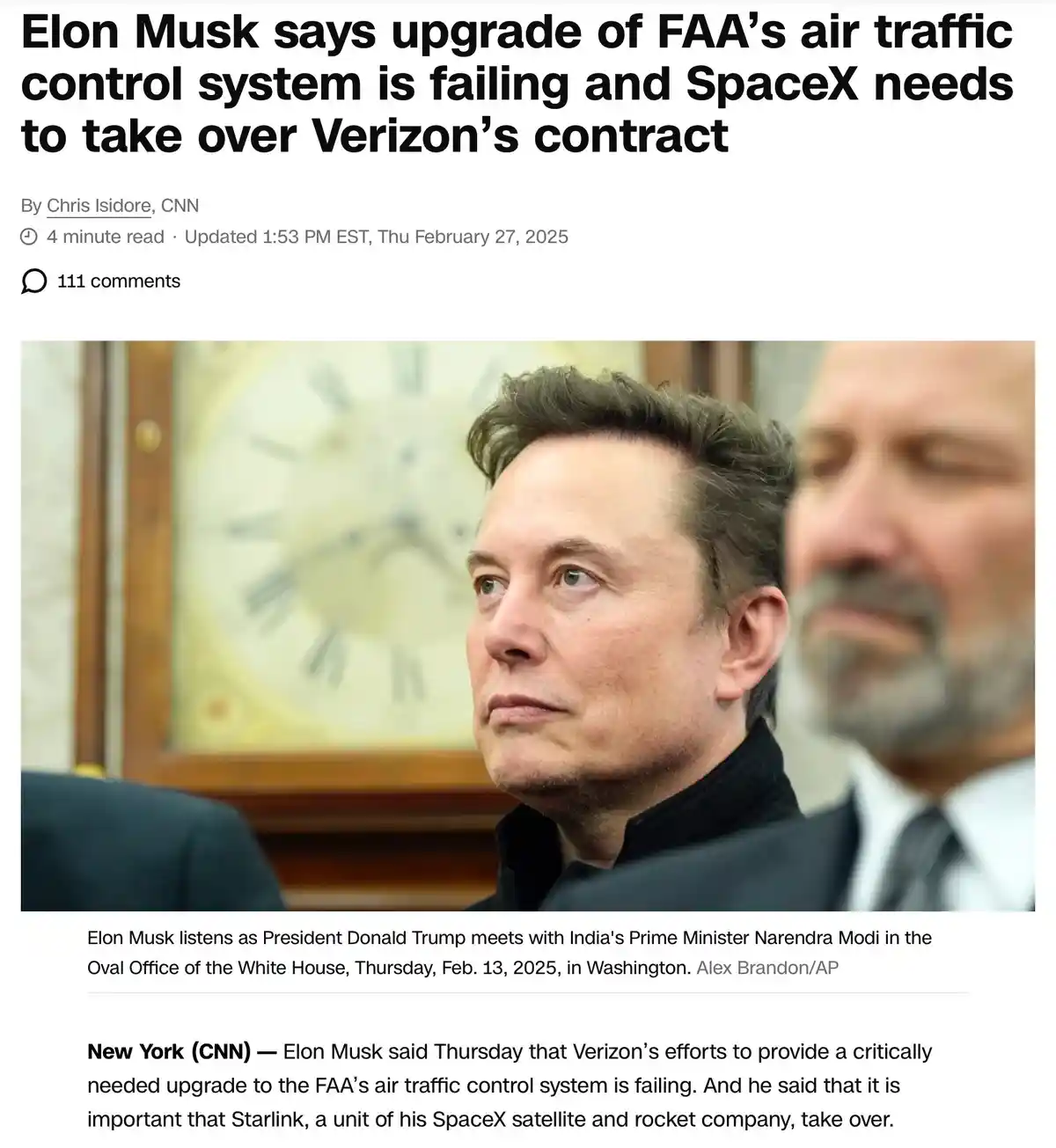 The image is a screenshot of a CNN news article featuring a photo of Elon Musk looking serious while seated, with a large…