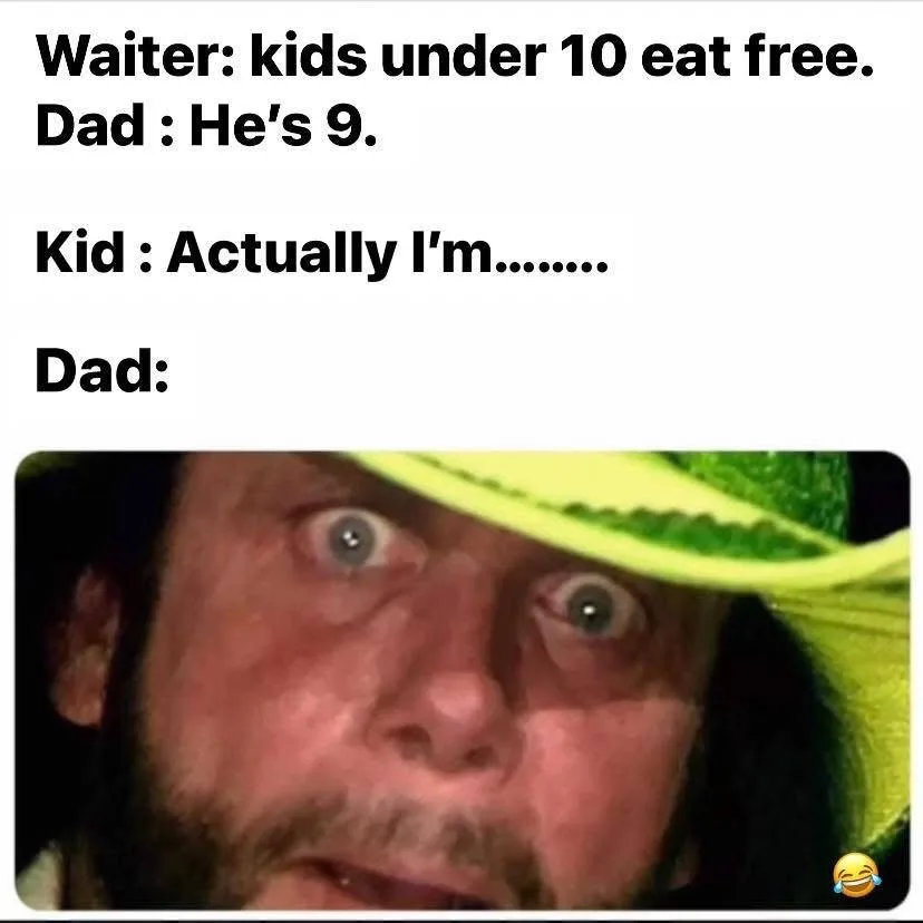 The image shows a close-up of a man with wide, shocked eyes and a green hat, reacting to a situation where a child claims to…
