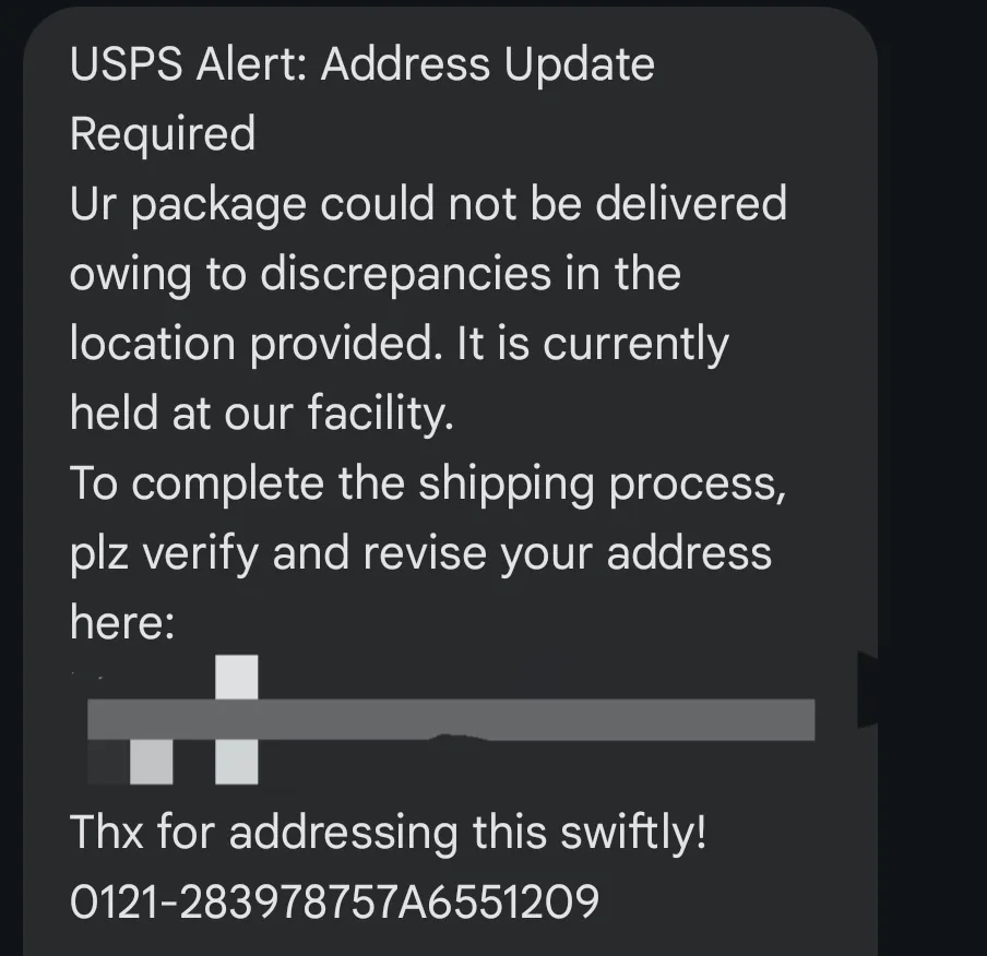 A screenshot of a text message from USPS stating a package couldn't be delivered due to address discrepancies and is held at…