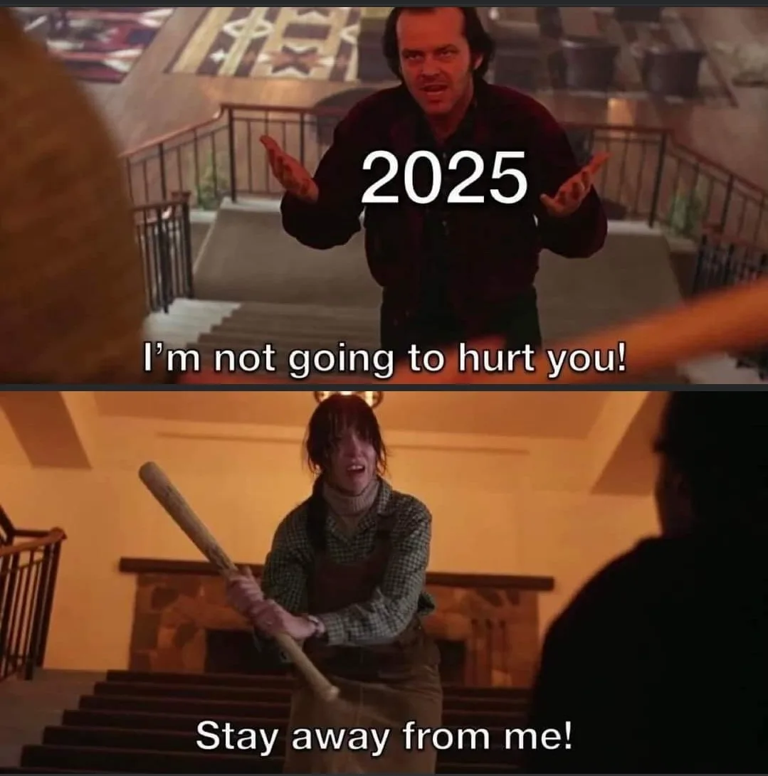 The top panel shows Jack Nicholson as Jack Torrance from 'The Shining' with arms outstretched, overlaid with the text '2025'…