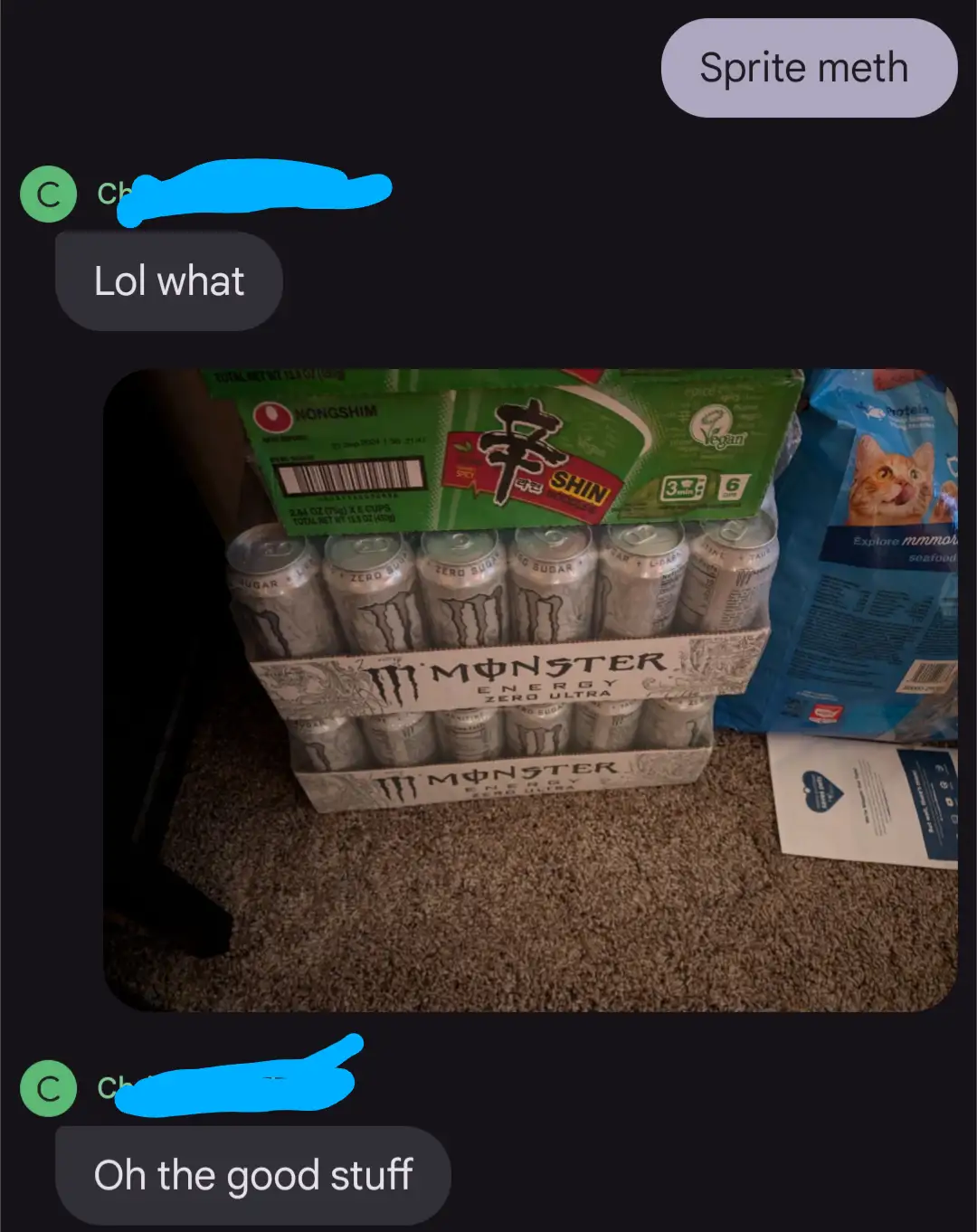 A screenshot of a text chat shows one person sending a photo of a case of Monster Energy Zero Ultra cans with a box of Shin…