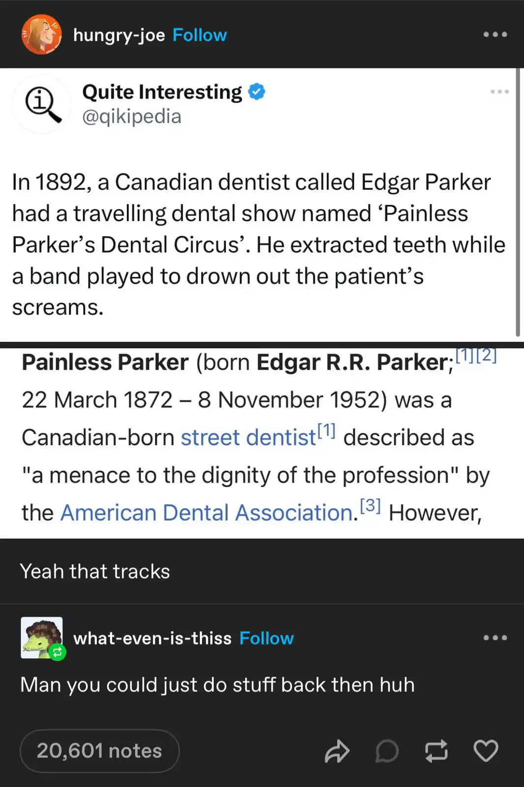 A screenshot of a social media post showing a tweet from @qikipedia about Canadian dentist Edgar Parker's 'Painless Parker's…